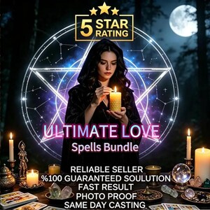 Könnte beinhalten: Eine digitale Grafik mit einer Person in einem schwarzen Kapuzenumhang, die eine brennende gelbe Bienenwachskerze hält. Der Text lautet 5 STAR RATING, ULTIMATE LOVE Spells Bundle, RELIABLE SELLER, 100% GUARANTEED SOULUTION, FAST RESULT, PHOTO PROOF, SAME DAY CASTING.