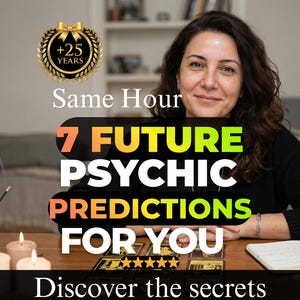 May include: An image advertising psychic readings. The text reads "Same Hour 7 Future Psychic Predictions For You". A woman is seated at a table with candles, tarot cards, and a notebook. The image includes a gold emblem with "+25 YEARS".