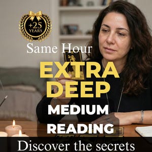 Könnte beinhalten: Werbebild für eine Medium-Lesung. Der Text lautet "Same Hour EXTRA DEEP MEDIUM READING" mit einem goldenen Emblem "+25 YEARS". Eine Frau hält eine Tarotkarte, mit Kerzen und Räucherstäbchen auf dem Tisch.