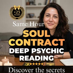 Può includere: Immagine che promuove letture psichiche. Il testo recita "Same Hour Soul Contract Deep Psychic Reading". Una donna sorride alla fotocamera. Candele e carte dei tarocchi sono sul tavolo. Il testo "Discover the secrets" è in basso.