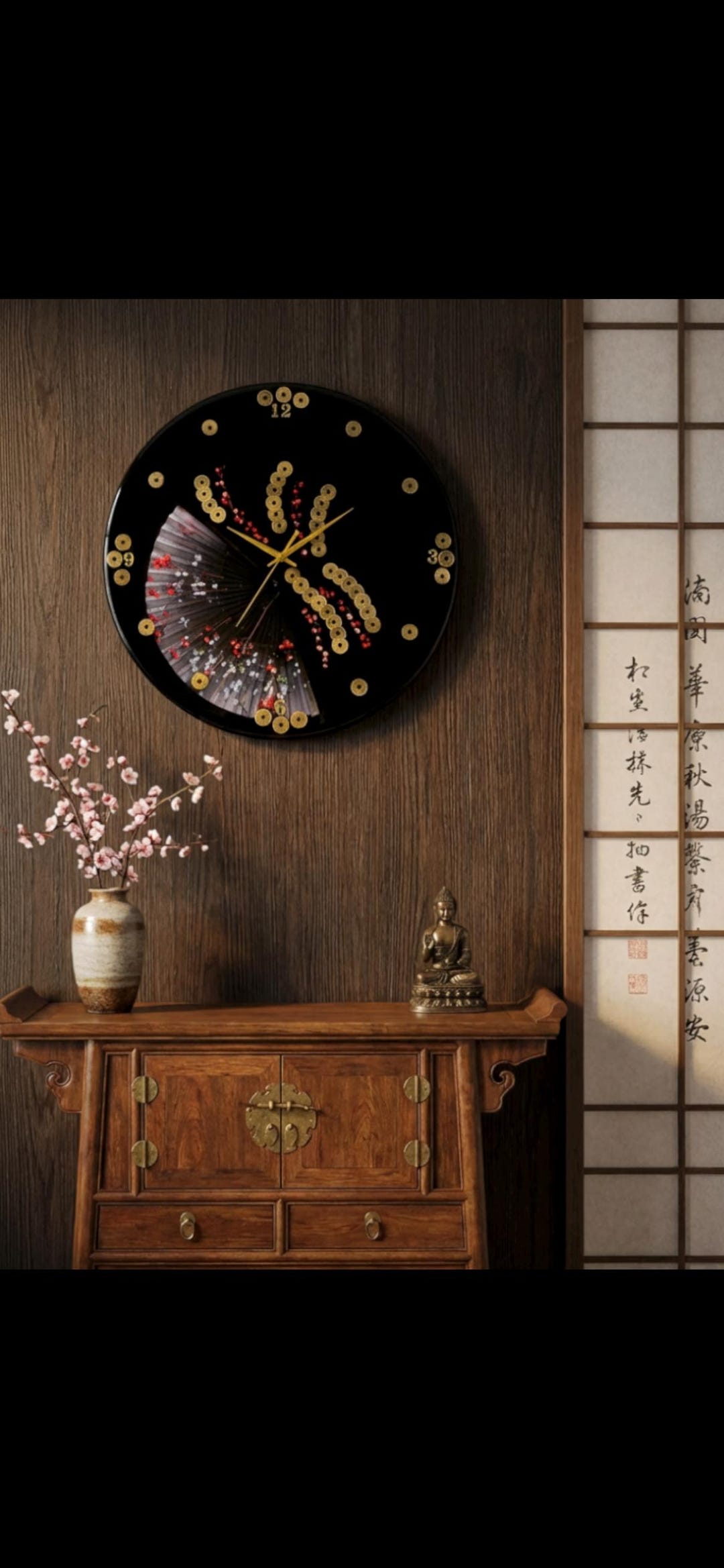 Handcrafted Feng Shui Wall Clock – Black Lacquer Oriental Decor With ...