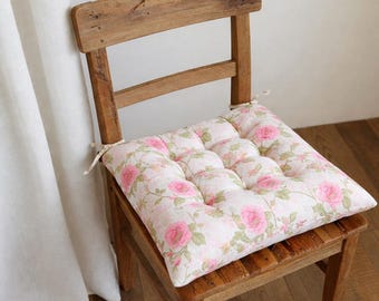 Floral Cotton Chair Cushion with Ties, Pink Rose Tufted Seat Pad