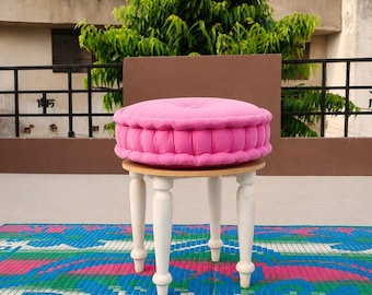 Handgjord rosa sammetstuftad rund golvkudde, meditationssittpuff