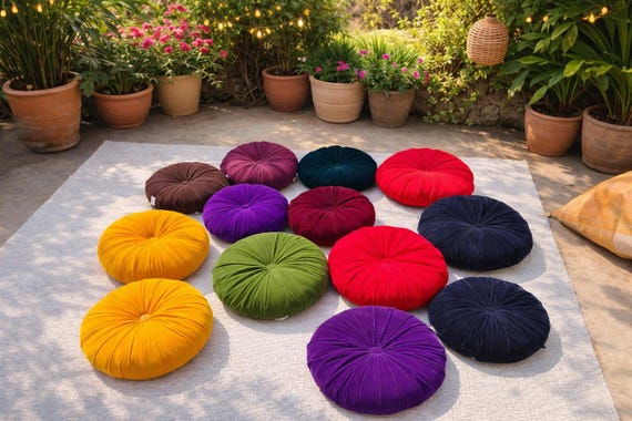 Handmade Velvet Round Floor Cushion, Pleated Boho Seat Pillow, Meditation Cushion, Colorful Home Decor