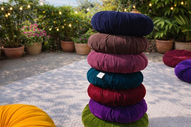 May include: A stack of seven round, velvet meditation cushions in various colors: navy, brown, burgundy, teal, red, purple, and green. The cushions are arranged outdoors with plants and string lights in the background.