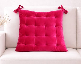 Hot Pink Velvet Tufted Cushion Cover, Square Chair Pad with Ties