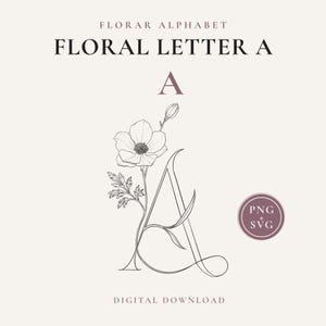 Alfabeto floreale SVG, lettera A, monogramma botanico con anemone, iniziale floreale A, monogramma per matrimonio, disegno per tatuaggio, download digitale
