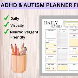May include: A daily planner for teens with ADHD and autism. The planner includes sections for goals, appointments, meal tracking, and more. The design is visually friendly and neurodivergent-friendly. A pencil holder with pencils and pens is in the lower left corner.