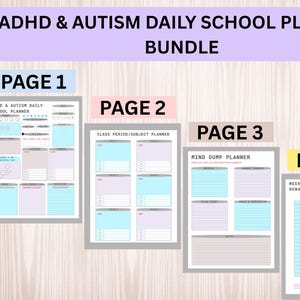 Peut inclure: Ensemble de planificateurs scolaires quotidiens pour le TDAH et l'autisme. L'image montre quatre pages d'un planificateur avec un en-tête violet clair. La page 1 est un planificateur quotidien, la page 2 est un planificateur de période/matière, etc.
