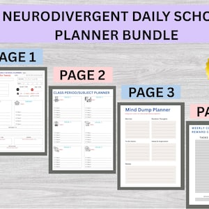 May include: A Neurodivergent Daily School Planner Bundle with four pages. Page 1 is a daily planner, page 2 is a class period/subject planner, page 3 is a mind dump planner, and page 4 is a weekly classroom reward chart. A gold "Best Seller" sticker is included.