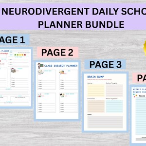 Puede incluir: Un paquete de cuatro páginas de planificador imprimibles. El texto en la parte superior dice "NEURODIVERGENT DAILY SCHOOL PLANNER BUNDLE." Las páginas incluyen un planificador diario, un planificador de materias escolares, un "brain dump" y un cuadro de recompensas semanal.