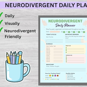 May include: A light blue daily planner with the text "NEURODIVERGENT Daily Planner". The planner includes sections for daily focus, schedule, and reminders. A sticker of a blue mug with pencils is on the left. A gold "BEST SELLER" sticker is on the right.
