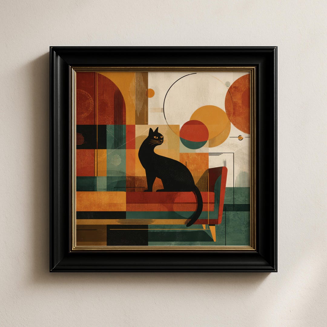 Mid Century Modern Black Cat Wall Art Printable, Retro Geometric ...