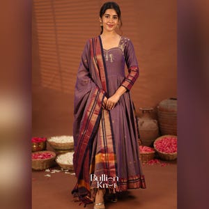 Chakravarti Dusty Purple Handloom Anarkali Suit for Navratri, Festive Days, Functions
