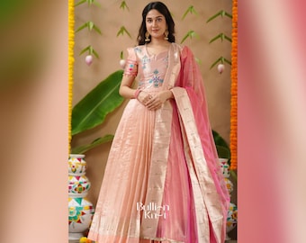 Hanshmukti Paithani Silk Peach Anarkali Dress for Wedding Functions, Pujas, Festive Events