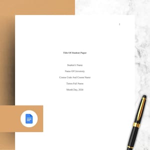 May include: A white sheet of paper with the title "Title Of Student Paper" and other details, including student's name, university, course code, and date. A black and gold pen rests on the right side of the paper. The background is a marble pattern.
