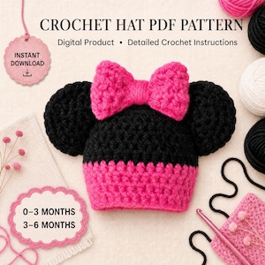 Puede incluir: Un patrón de ganchillo en PDF para un gorro negro con un lazo rosa brillante y orejas redondas. El texto dice CROCHET HAT PDF PATTERN, Digital Product, Detailed Crochet Instructions, INSTANT DOWNLOAD, 0-3 MONTHS y 3-6 MONTHS.