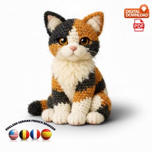 May include: A handmade crochet cat in a sitting position. The cat features a tricolor pattern of black, orange, and white. It has large, expressive eyes and a fluffy white chest. The image includes the text "DIGITAL DOWNLOAD" and "PDF".
