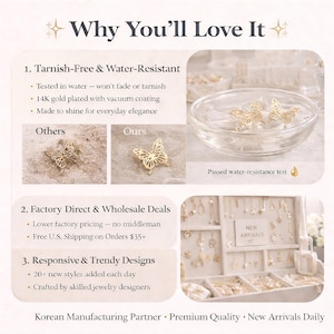 May include: An informational graphic titled Why You'll Love It featuring gold butterfly jewelry. It highlights tarnish-free, water-resistant 14K gold plated features, factory direct pricing, and daily new arrivals shown in a jewelry organizer box.