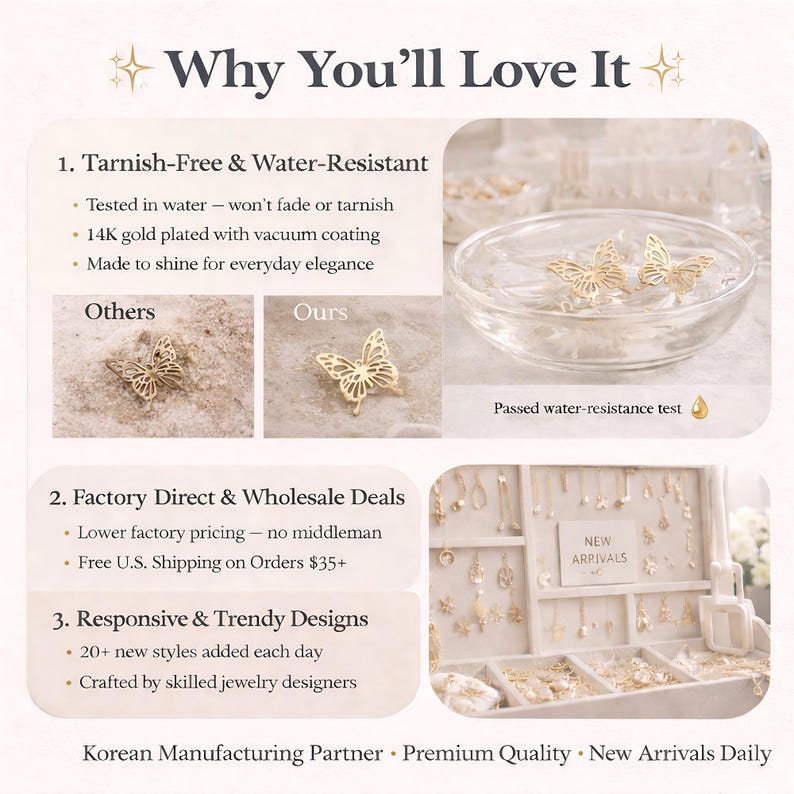 May include: An informational graphic titled Why You'll Love It featuring gold butterfly jewelry. It highlights tarnish-free, water-resistant 14K gold plated features, factory direct pricing, and daily new arrivals shown in a jewelry organizer box.