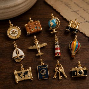 1-Pc Gold Travel Charm | Compass Globe Airplane Passport Pendant | Wanderlust Enamel Charm | DIY Jewelry & Bag Accessories[MTPK255103SI]