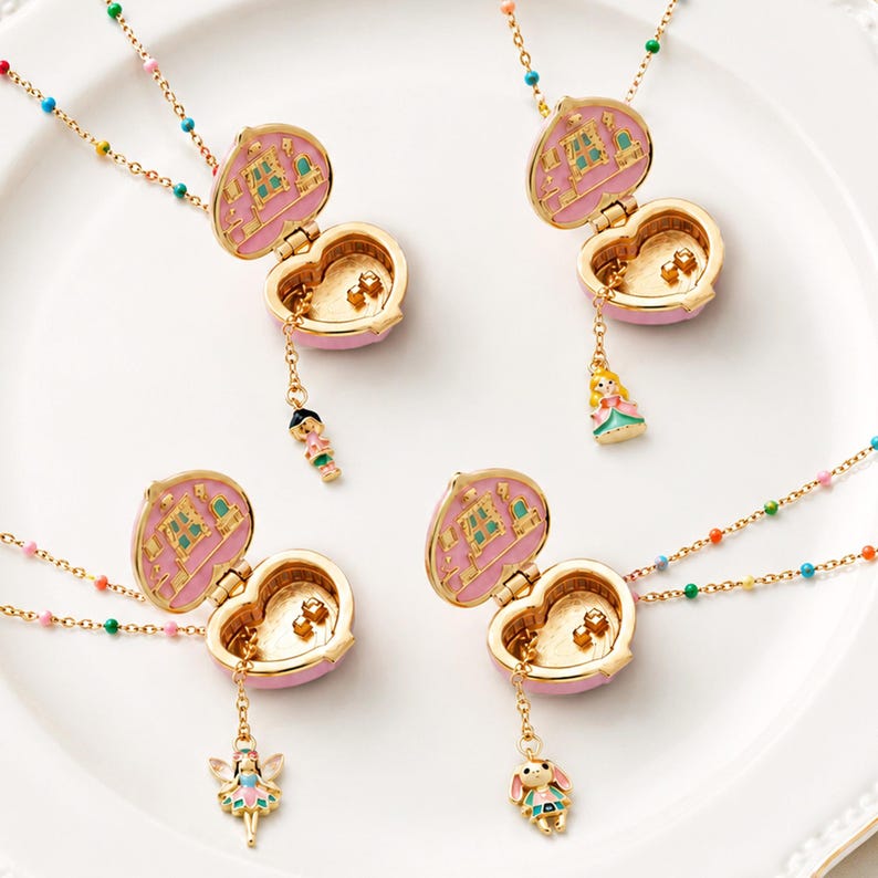 1-Pc Enamel Locket Necklace | Fairy Tale Charm Pendant | Princess Jewelry Necklace | Colorful Beaded Chain | Cute Gift for Her[HSNK253315O] image 1