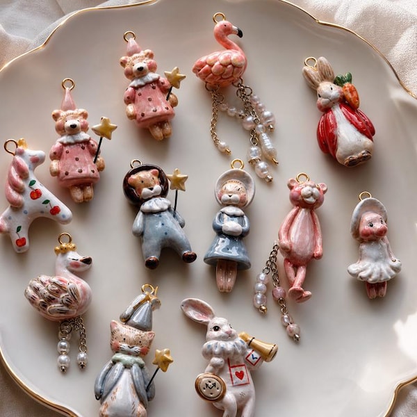 1-Pc Hand-Painted Storybook Charm | Rabbit Bear Cat Flamingo Pendant | Whimsical 3D Animal Charm |  DIY Accessories[JXPK260113S]
