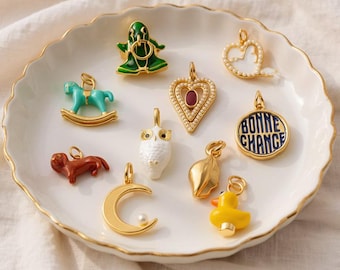1-Pc Gold Enamel Lucky Animal Charm | Frog Rocking Horse Heart Owl Moon & Cat Pendant |  DIY Accessories[YKXS26041215GK]