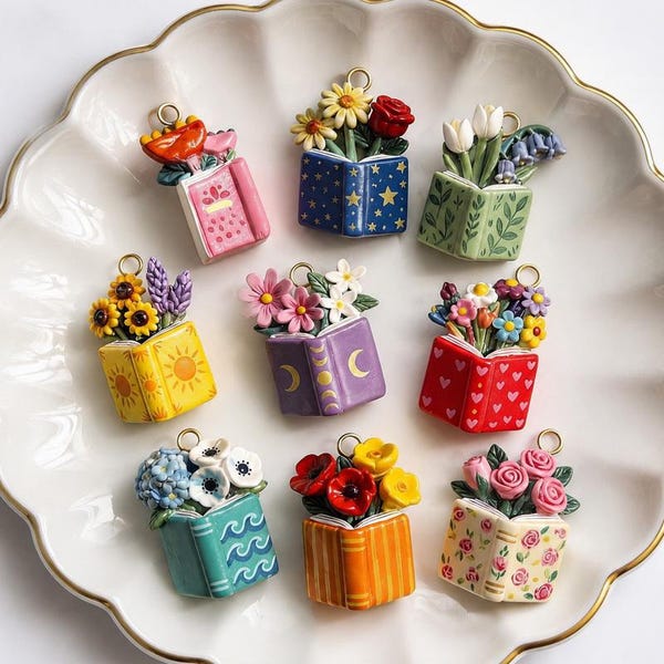 1-Pc  Flower Book Charm | Floral Bouquet Pendant | 3D Book Vase Charm | Jewelry & DIY Accessories[MQPK255307RI]