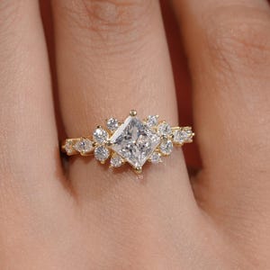 Princess Lab Grown Diamond Engagement Ring, Floral Diamond Cluster Ring, 14K Gold Ring, Wedding Rings, Promise Ring Anniversary Gift for her