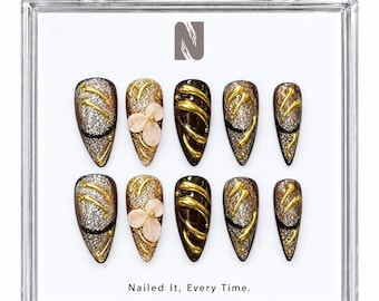 3D Gold Swirl Press On Nails | Dark Brown Glitter Fake Nails with 3D Flower | Luxury Reusable Acrylic Nails | Elegant Evening Nail Art