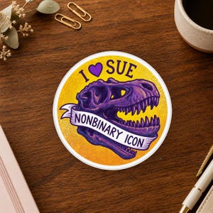 I Heart Sue Nonbinary Icon Sparkle Die Cut Decal For Dinosaur Skull Pride Gift Idea For Laptop Bottle Planner Decor Sticker, Ships Free