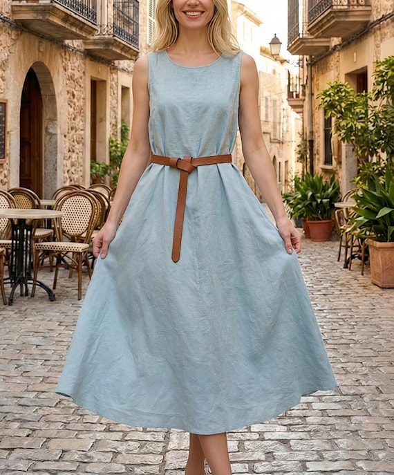 Sky Blue Sleeveless Linen Dress | Minimalist A-line Midi Dress With Pockets  | Classic Summer Vacation Dress for Women | Wedding Guest Dress - Etsy