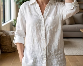 Camicia in puro lino per donna / Camicetta con bottoni dalla vestibilità comoda / Top estivo leggero a maniche lunghe / Camicetta in lino / Abbigliamento classico in lino