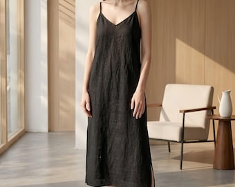 Black Linen Slip Dress for Women | V Neck Sleeveless Maxi Dress | Minimalist Summer Linen Dress | Side Slit Midi Dress | Everyday Dress