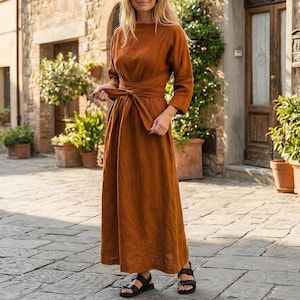 chinese dress ladies Long Linen Dress BORACAY in Teal blue