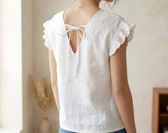 Women Linen V Neck Top | Open Back Tie Top | White Linen Blouse | Bohemian Summer Ruffle Sleeve Top | Linen Clothing | Casual Everyday Top
