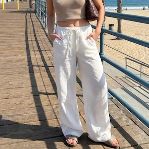 Pantalones de lino con cordón para mujer / Pantalones de lino de pierna ancha / Pantalones bohemios de verano con bolsillos / Pantalones de cintura elástica / Pantalones de playa de lino