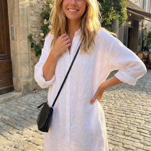 Vestido camisero de lino blanco para mujer / Vestido minimalista de verano con bolsillos / Vestido clásico con botones delanteros / Vestido camisero de manga larga