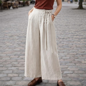 Pantalones anchos de lino Wemon / Pantalones de lino de cintura alta / Pantalones de lino de corte holgado / Pantalones largos holgados / Pantalones cómodos con cintura con cordón