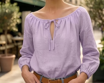 Leinen Bluse für Damen | Boho Bauern Top mit Krawatte Hals | Locker sitzendes Langarm-Sommertop | Puffärmel Leinenbluse | Minimalistisches Top