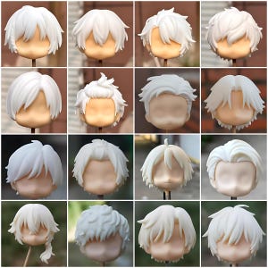 May include: A grid of sixteen miniature doll heads with various styles of white, sculpted hair. The faces are blank, with a tan skin tone. The hair styles range from short and spiky to long and flowing, showcasing a variety of designs.