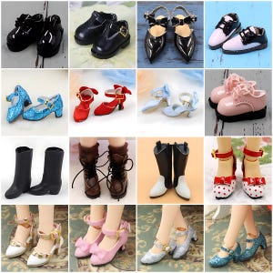 May include: A collection of doll shoes in various styles and colors. Includes black patent leather shoes, Mary Janes, high heels, boots, and sandals. The shoes are in different colors, including black, red, blue, pink, and white.