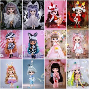 May include: A selection of fashion dolls, each with distinct hairstyles and outfits. The dolls are dressed in diverse styles, including formal gowns, winter clothing, and traditional dress. The dolls have large eyes and are posed in a studio setting.