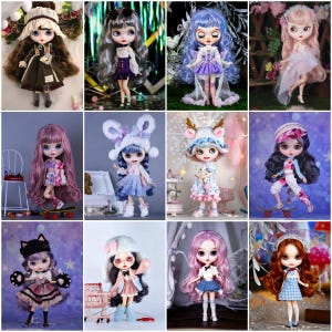 May include: A collection of fashion dolls with various hairstyles and outfits. The dolls are dressed in a variety of styles, including dresses, skirts, and hats. Some dolls are holding accessories. The dolls have large eyes and are posed in different positions.