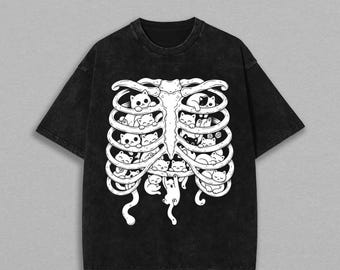 Vintage Skeleton Cat Shirt, Ribcage Kitten Tee, Creepy Cute Streetwear, Goth Cat Lover Gift, Vintage Spooky Top, Retro Halloween Clothes
