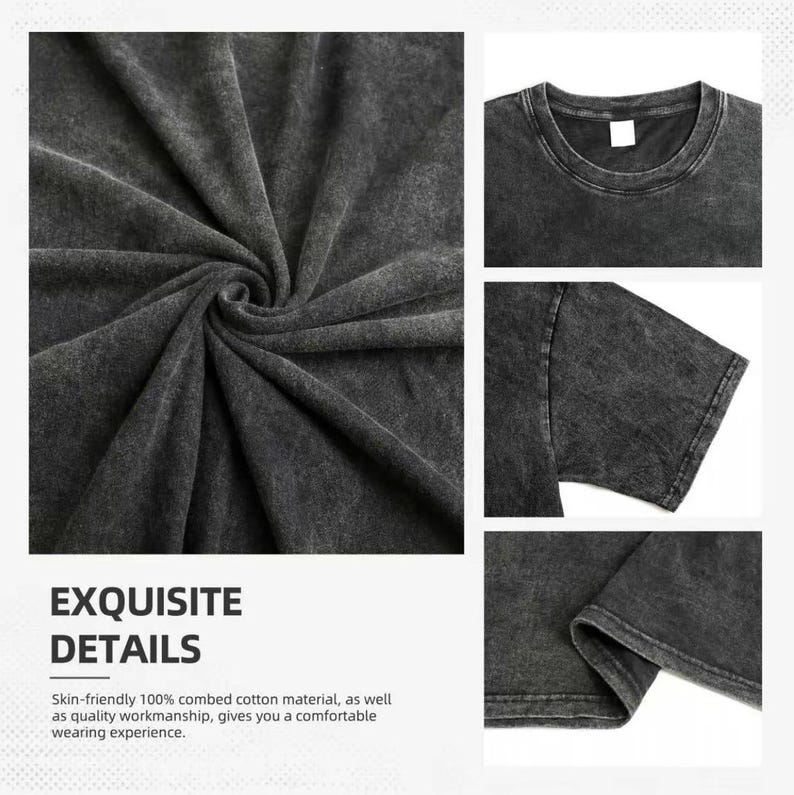 May include: Close-up of a dark grey t-shirt with a crew neck and short sleeves. The fabric is a soft, textured cotton. The image also shows the text "EXQUISITE DETAILS" and a description of the material.