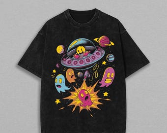 Vintage Retro Arcade Shirt, Space Ghost Hunter, Vintage Gaming Tee, UFO Alien Tshirt, 80s Nostalgia Clothing, Neon Pop Art Top