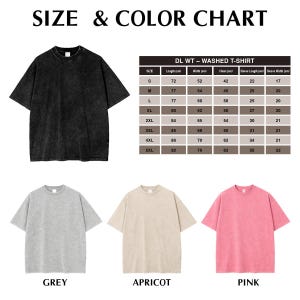 May include: A size and colour chart for washed t-shirts. The chart includes measurements in centimetres for length, width, chest, sleeve length, and sleeve width. The available colours are grey, apricot, and pink. A black t-shirt is shown.