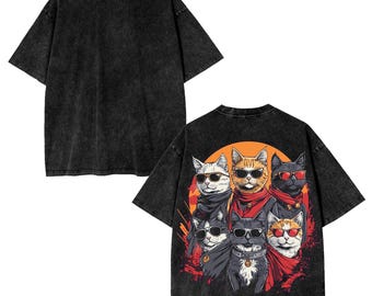 Vintage Cool Cat Graphic Tee, Retro Funny Cat Shirt, Oversized Pet Lover Streetwear, Cute Washed TShirt